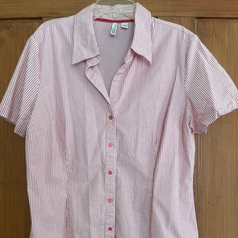 Women’s St John’s Bay Stretch Pink White Stripe Shirt Blouse Top L